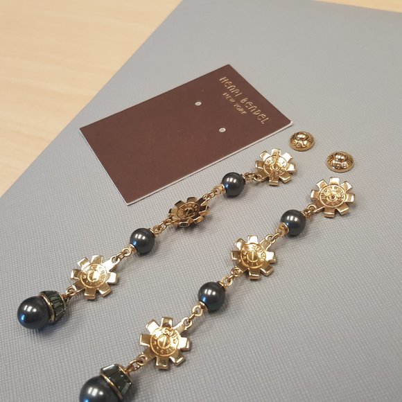 RARE Henri Bendel Black PEARL Cocktail Dangle Drop Earrings Yellow GOLD Swarovsk - Picture 9 of 10